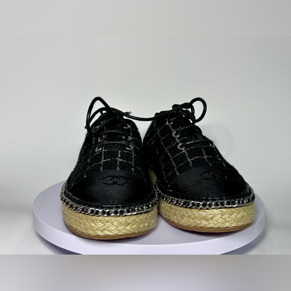 Chanel Black Quilted Lace-Up Espadrille Sneakers Size 38 Designer Luxury - Picture 9 of 13
